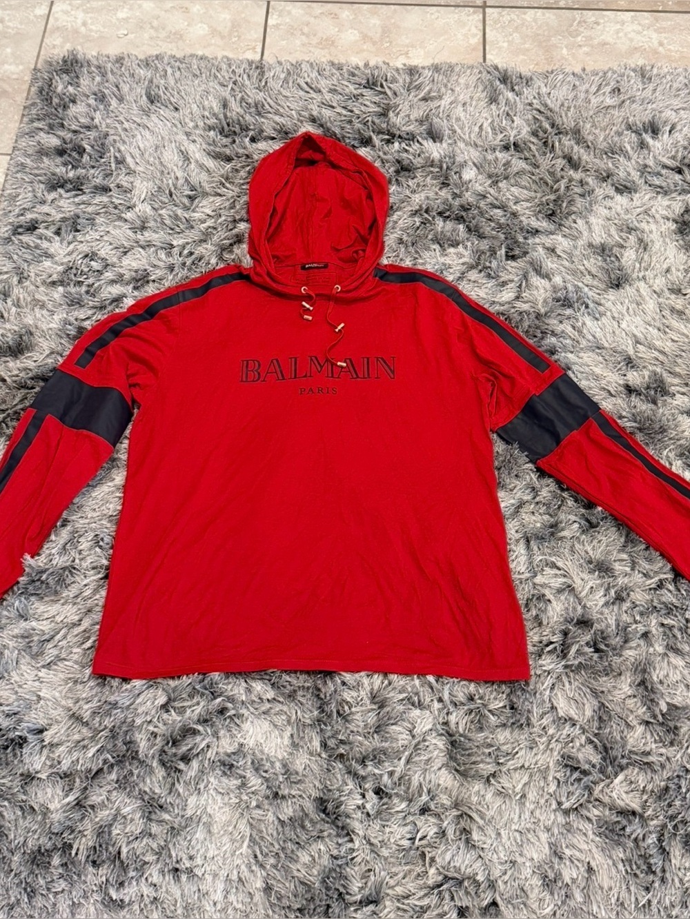 Size XXXl-Balmain Men’s Red and Black Logo Printed Cotton Knit Hoodie